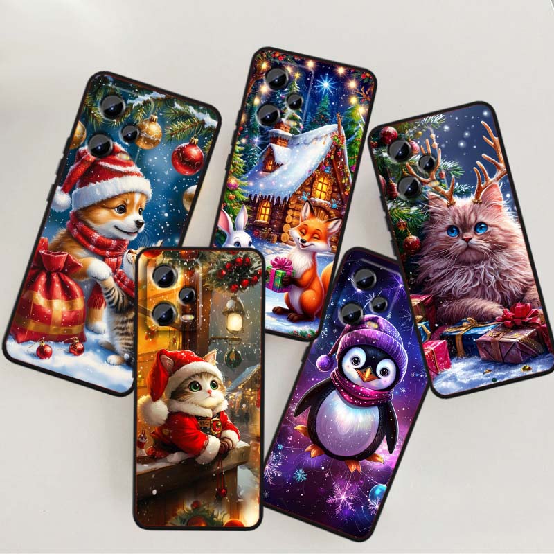 Christmas Cartoon Cat Art Phone Case For Xiaomi Redmi Note 15 14 13 12 12S 11E 11 11S Pro Plus 4G 5G Black Soft TPU