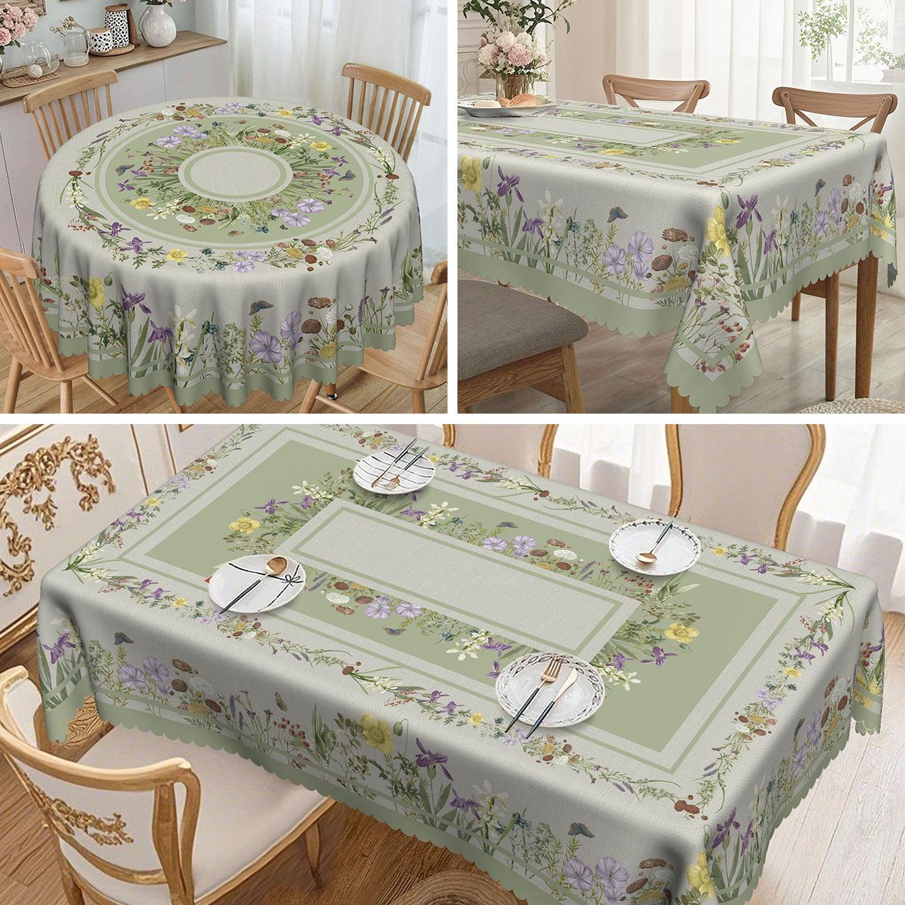 

1 Piece Retro Green Flower And Grass Element Tablecloth, Anti-Fouling And Anti-Dirt Household Polyester Tablecloth, Round And Rectangular Tablecloth round tablecloth-152x152cm