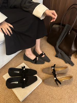 2025 Winter New Korean Version Bow Inner Height Increase Versatile Commuter Square Head Inner Velvet Single Shoes Cotton Shoes