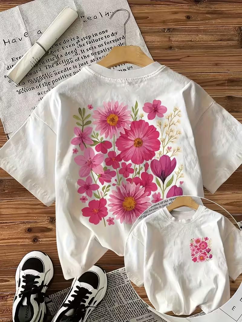 

Vintage Style Floral Pattern Printed ShortSleeve RoundNeck TShirt with DoubleSided Printing S