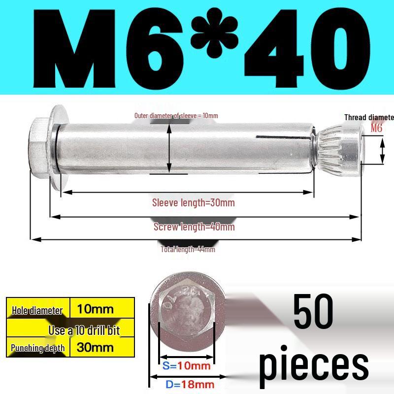 Stainless Steel Expansion Screw: Hexagonal Head with Internal Expansion (304/201), Sizes M6, M8, M10, M12.