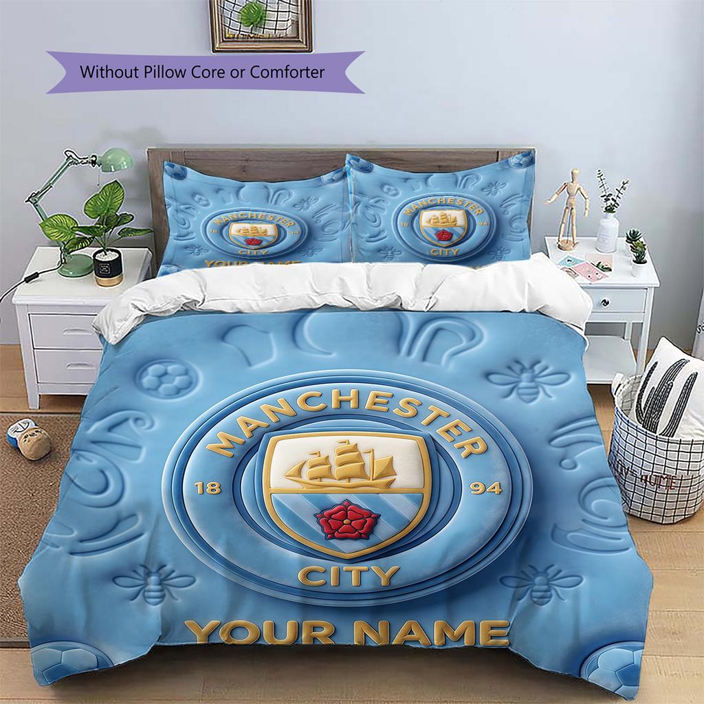 Custom Name Manchester City Pattern Bedding Quilt Set Home Decoration Gift (1 * duvet cover + 2 * pillowcase without core)