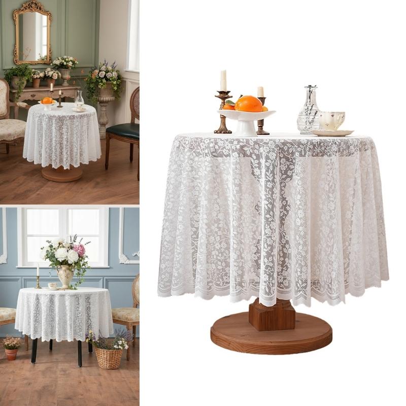 Stylish Floral Lace Round Tablecloth Table Cover Stains Resistant Fabric Multipurpose Use For Kitchen Office Wedding