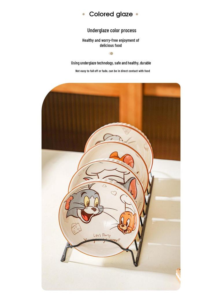 Tom & Jerry Ceramic Bowl and Plate Set: Cartoon Underglaze Color, Heat-Resistant, High-Value Tableware.