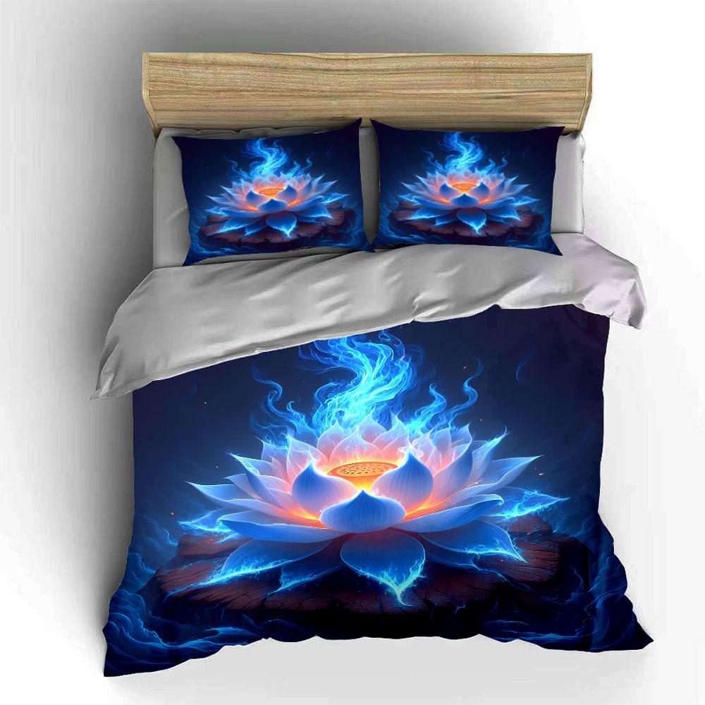 "Glowing Blue Lotus on Wooden Base" Print Bedding Set Duvet Cover Pillowcases (1* Duvet Cover 2* Pillowcases Do Not Include Comforter)