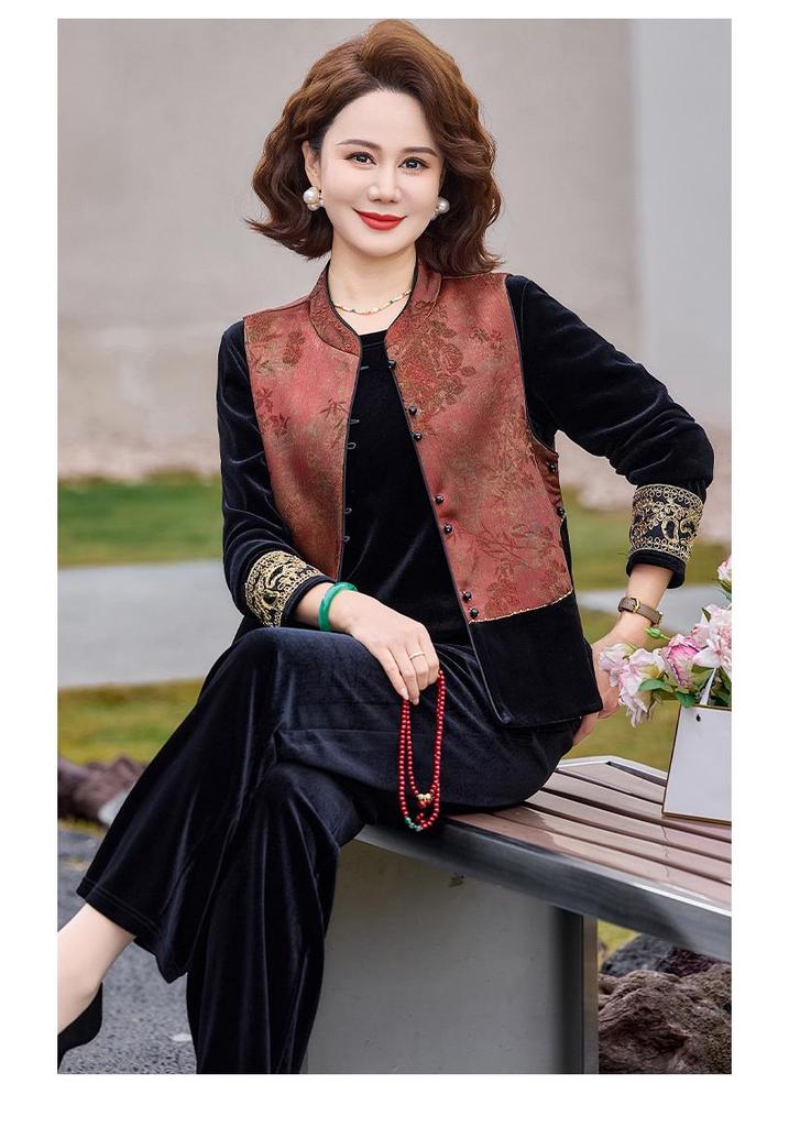 Elegant Spring/Autumn Three-Piece Set: Stylish Chinese-Style Vest & Top for Middle-Aged Women