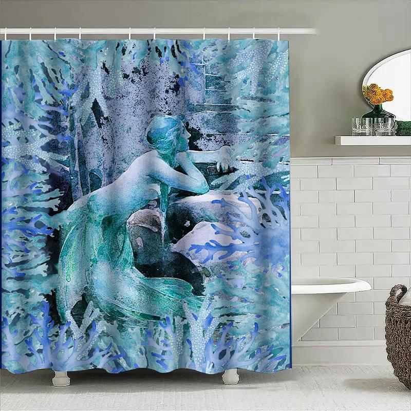 Luxury Watercolor Bath Curtain Blue Mermaid Design for Bathroom Decorations Home Accessories Shower Curtains in Green Blue Color