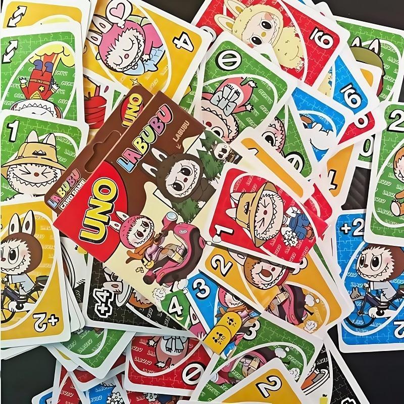 Joc Uno - Labubu AjieQaQ Pro Edition Waterproof Card Game, Portable Size 9x14cm, Easy Rules, for Family/Adults/Teens 7+, Party Game, Multicolor