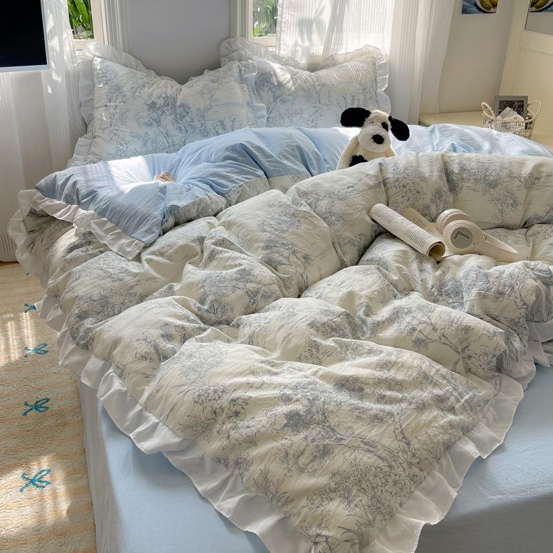 Class A Maternal And Infant Grade Lace Super Soft Washed Cotton4-Pcs Set, Household High-End Bed Sheet Quilt Cover 60 Pcs