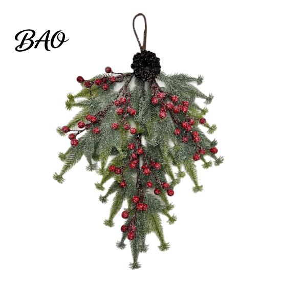 Artificial Winter Wreath Upside Down Christmas Tree Hanging Decor, Pinecone Berry with Flocked Rustic Holiday Home Decor Snow Tips, Wall Door Ornament
