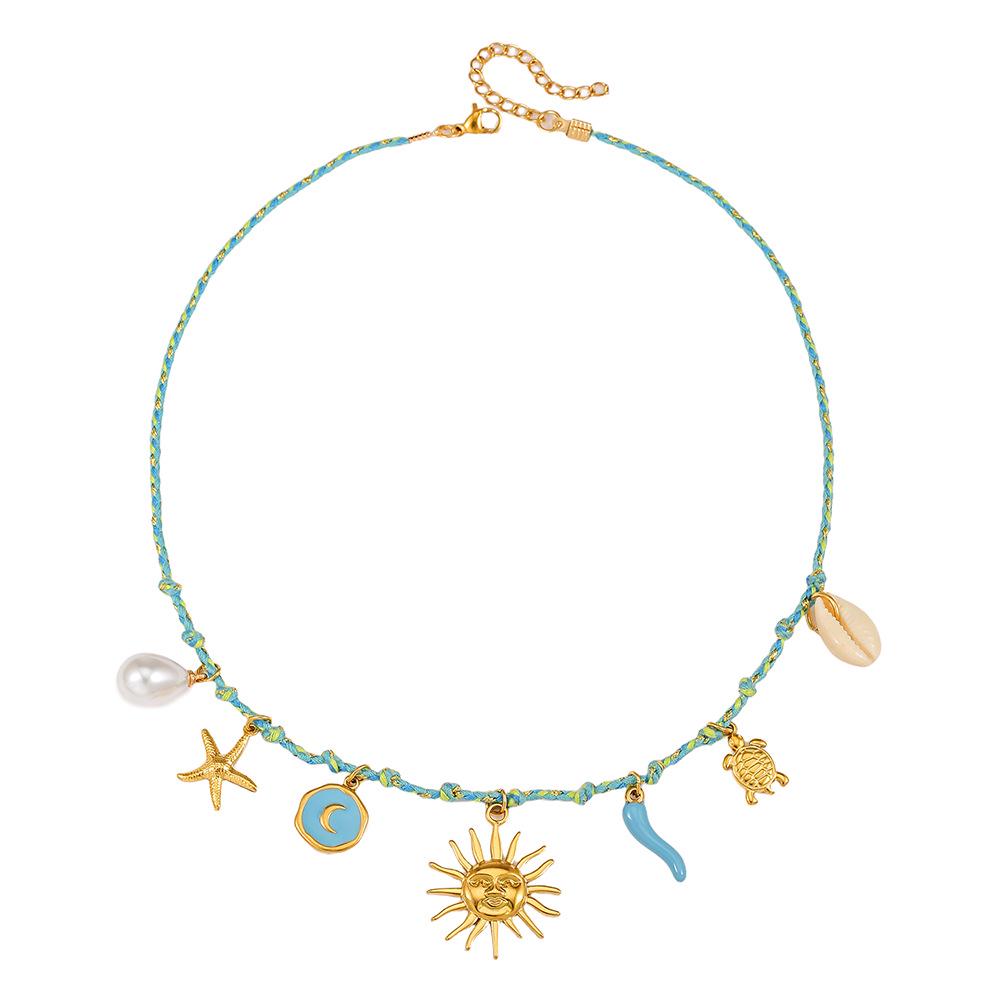 Summer Starfish & Pearl Heart Sea Turtle Pendant Necklace - Dopamine Stainless Steel Clavicle Chain