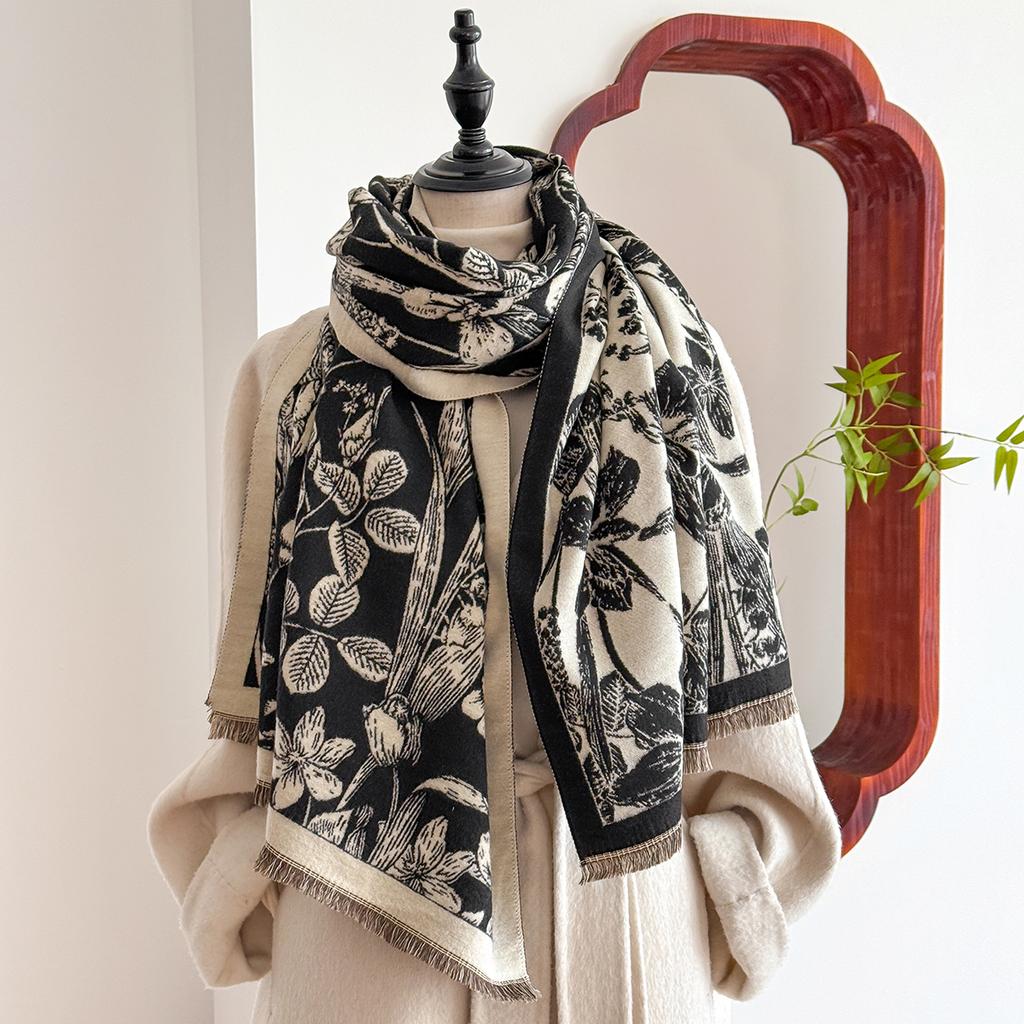  Women's Luxury Brand Cashmere Winter Scarf - Vintage Printed Shawl with Tassels, Pashmina Wrap & Bandana Poncho