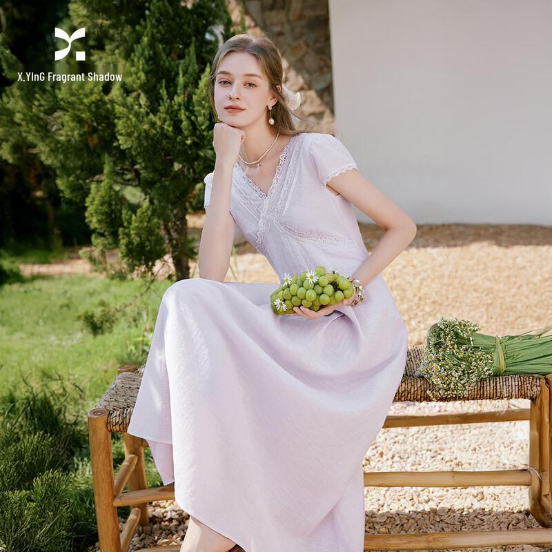 Xiangying Women s Taro Purple V-Neck Lace Midi Dress L