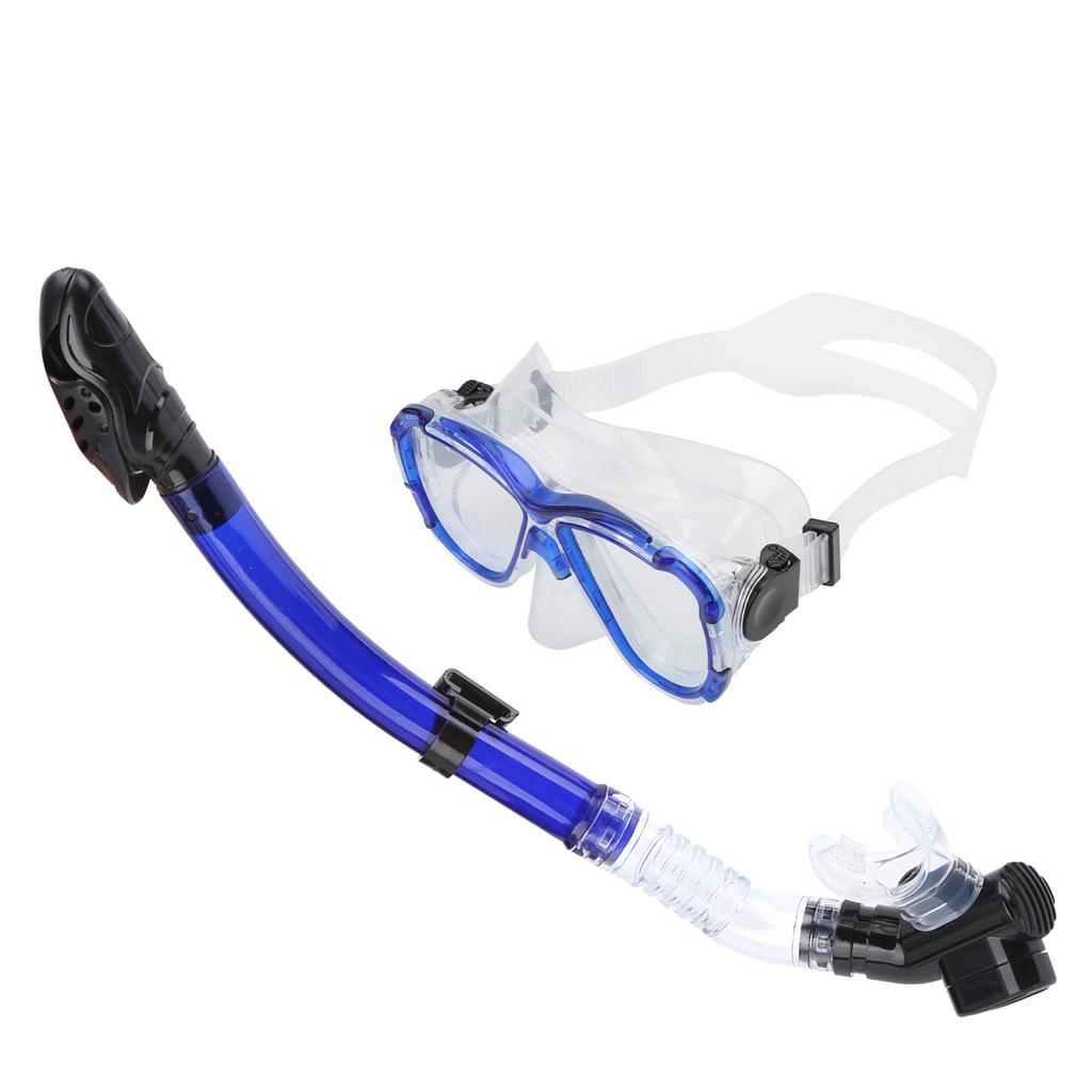 Adults Snorkel Set AntiFog Diving Cover Tempered Glass Goggles with Dry Top Snorkel Tube(Blue )