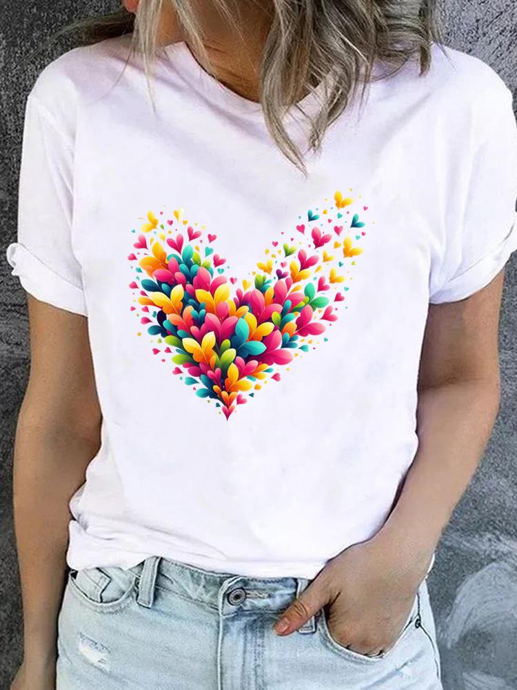 (Asian Size) Clothing Lady o-neck watercolor love style Short Sleeve T-shirts Printed Female Top Casual T Shirt Fashion Women Graphic Tee