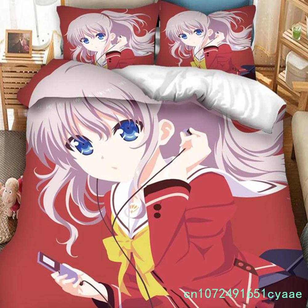 3 Stück einseitig bedruckte Bettbezüge Anime Charlotte bedruckte Bettwäsche-Sets Bequeme Tagesdecken Steppdecken Bettdecken Geburtstagsgeschenk