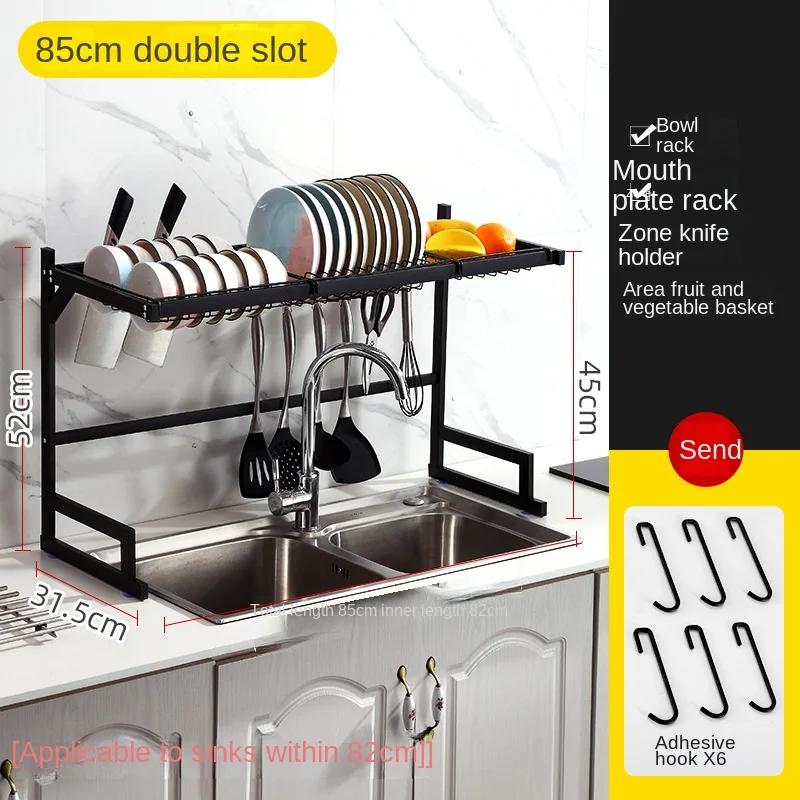65cm Metal Dish Rack Black Kitchen Sink Drain Rack Cutter Bowl Tray Countertop Shelving Can Be Loaded and Unloaded Adjustment