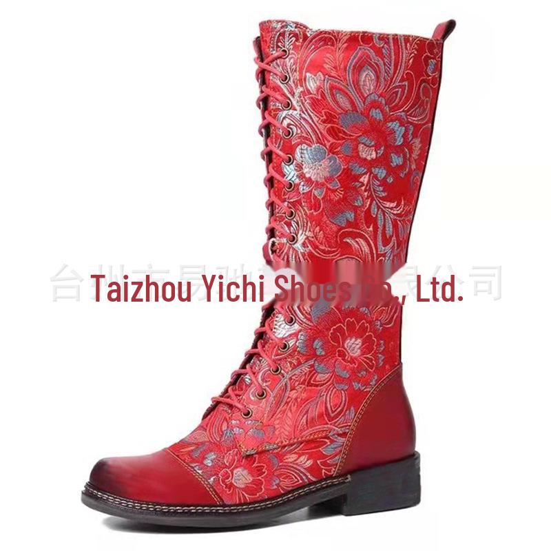 

Женские рыцарские сапоги до середины голени с этническим принтом «тотем» и квадратным каблуком 39 красный