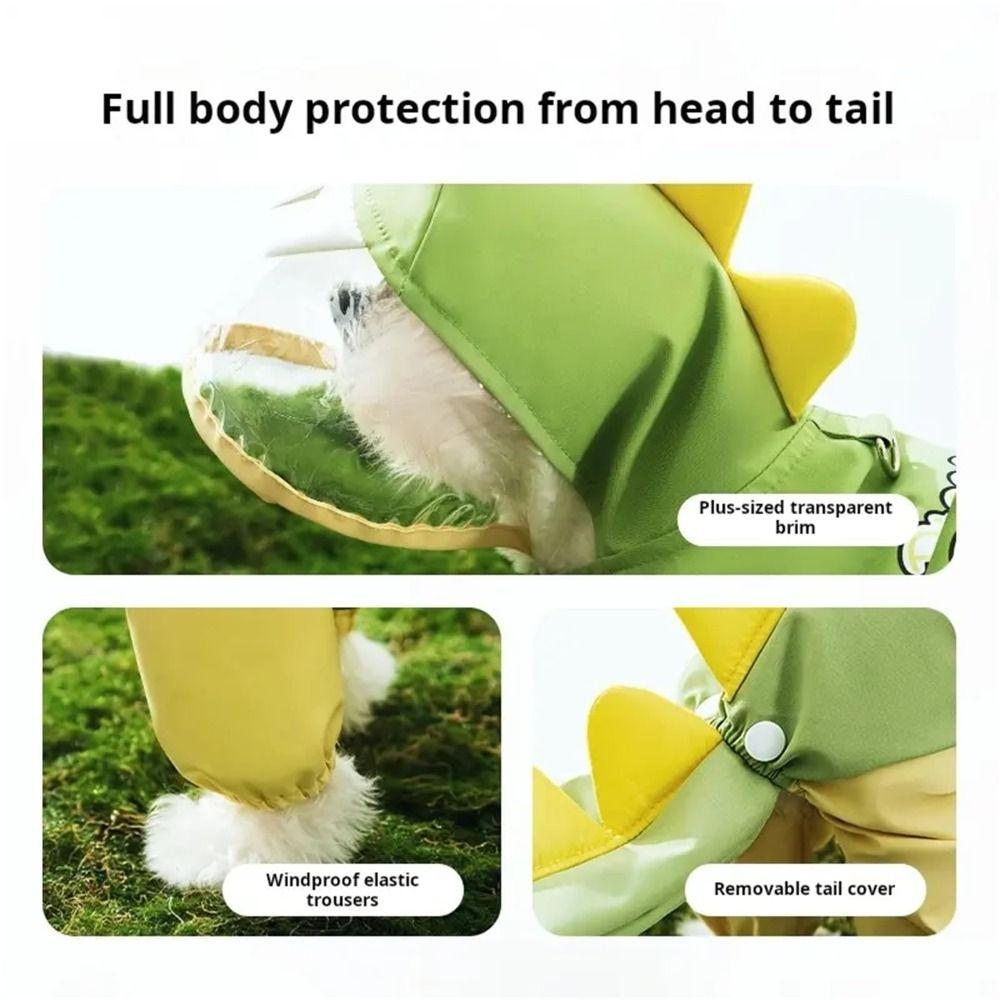 Waterproof Dog Raincoat Dinosaur Design Full Body Protection Pet Rain Poncho Reflective Hoodie Leash-Attachable Rainwear Hood