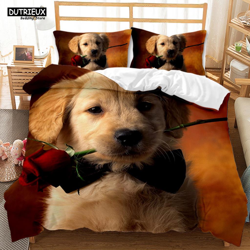 

Cute Pet Dogs Bedding Set Lovely Puppy Golden Retriever Comforter Sets King Queen Twin Size Duvet Cover Set Bed Linen For Kids (135x200cm)