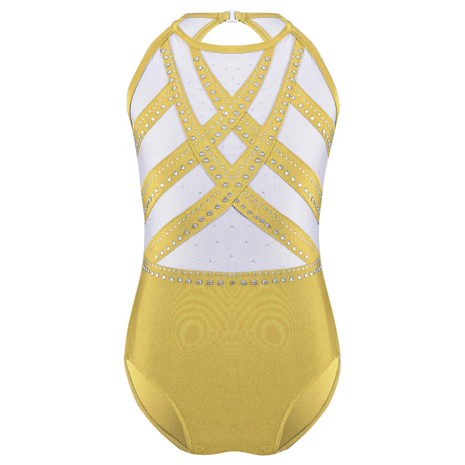 

Girls Glittery Rhinestones Gymnastics Leotard Sleeveless Keyhole Back Color Block Bodysuit 15-16 Years жовтий
