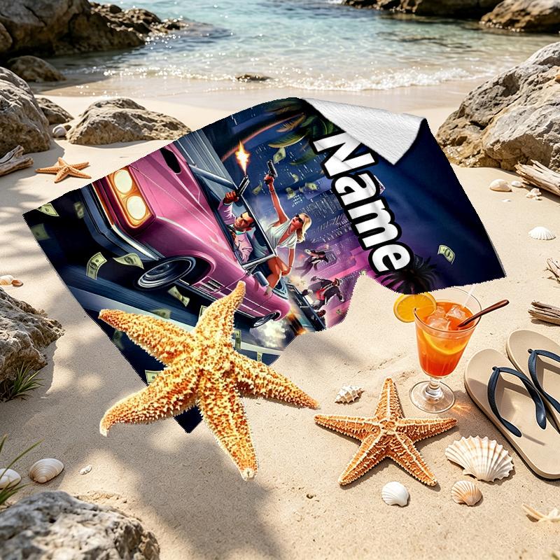 Custom Name Personalized Grand Theft Auto VI Print Beach Towel, for Trip Camping Beach Party Home Decor, Birthday Gift for Family & Friends