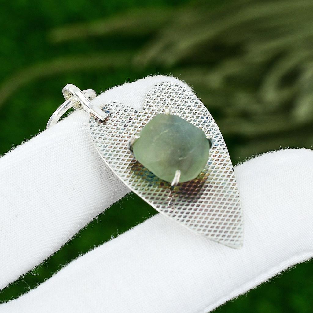 Sterling Silver Pentagon Prehnite Rough Gemstone Mother Boho Anniversary Pendant