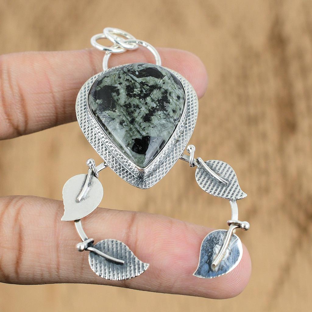 Gift For Women Pendant 925 Sterling Silver Natural Green Rice Jasper Gemstone