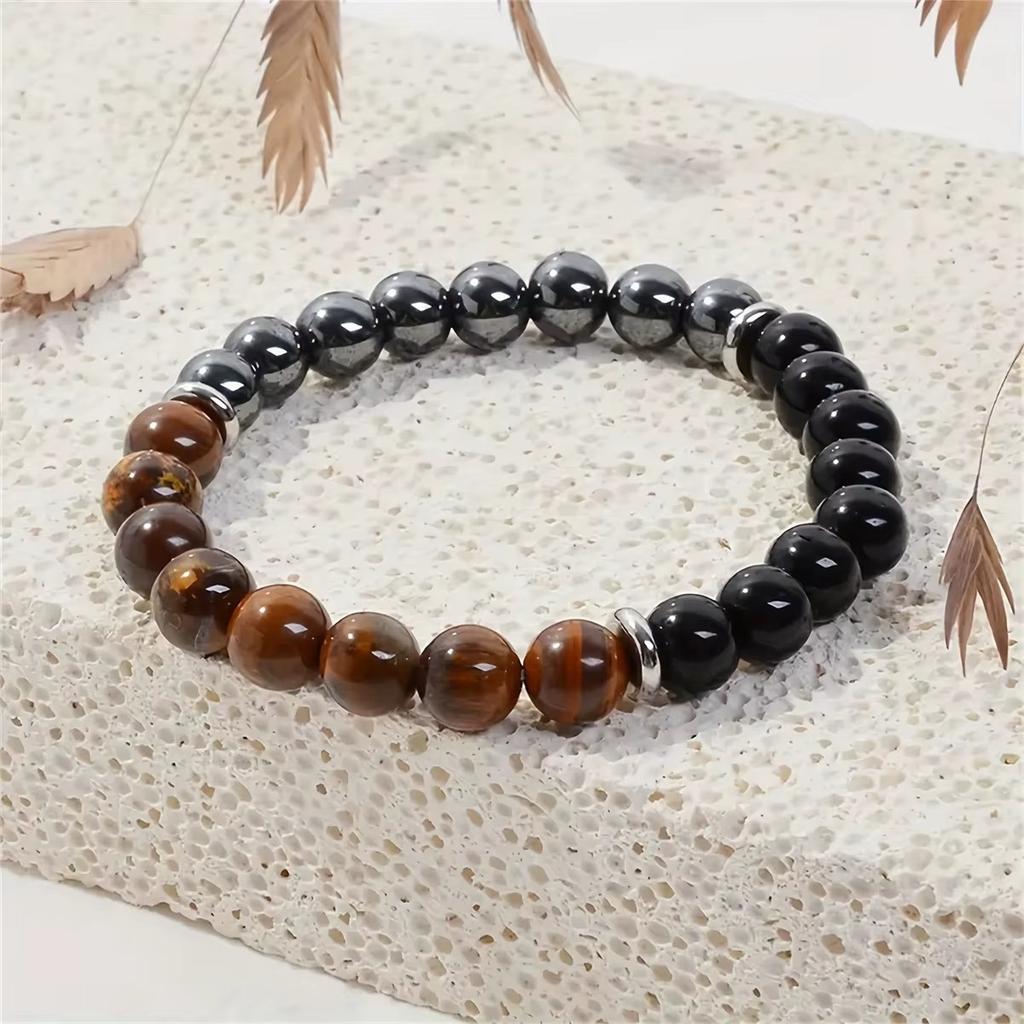 Trojitý ochranný náramek:Tygří oko, Černý obsidián a Hematit 8mm Kulaté Ochranné Krystaly (Náramek z drahokamů na gumičce)
