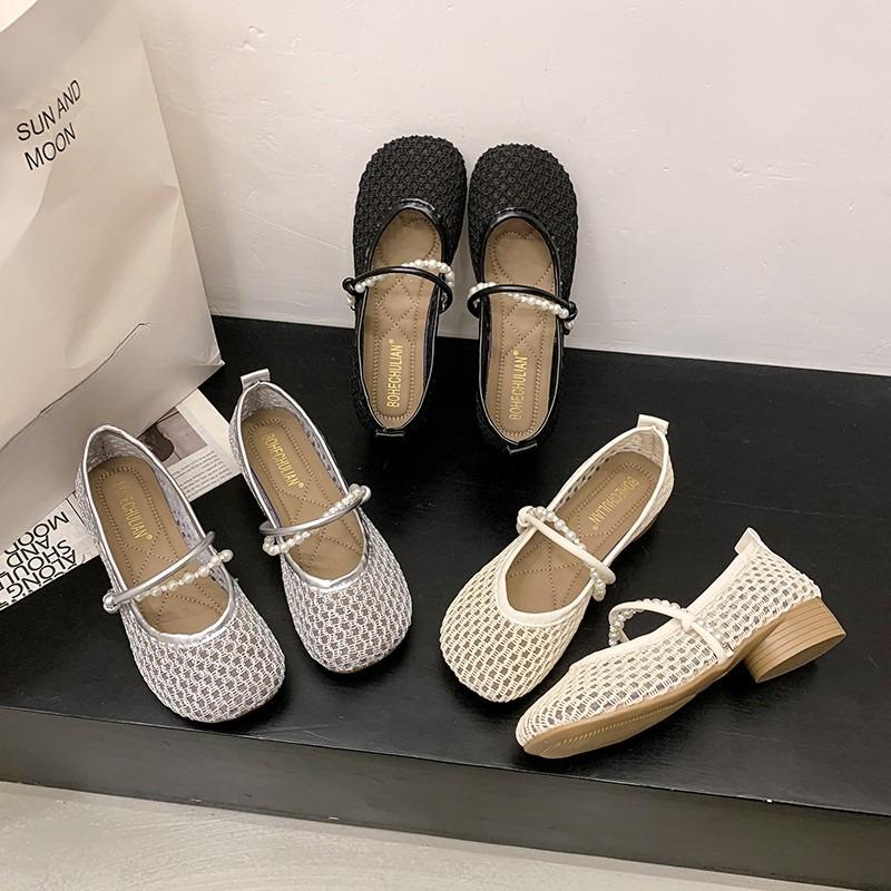 Fashion Slip-on Chunky Single Mary Jane Women's Sandals 2025 New Summer French Cutout Woven Low Heel Mesh Shoes