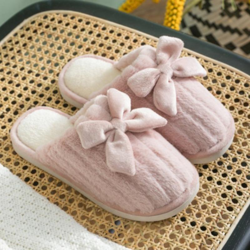 Winter thickened warm plush bow men and women's home indoor and outdoor soft bottom thick bottom non-slip couple cotton slippers