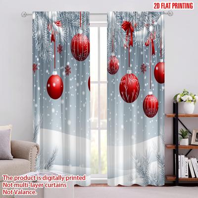2pcs,2D Plane Printing Creative Curtains Christmas Balls Snow Scene Durable 100% Polyester Fabric (without Rod) Decorations For