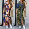 Fashion Women Long Sleeve Slitting Hem Pockets Single-breasted Maxi Shirt Dress