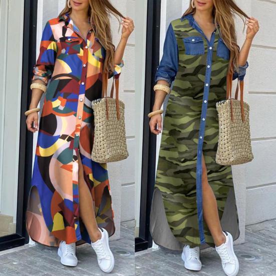 Fashion Women Long Sleeve Slitting Hem Pockets Single-breasted Maxi Shirt Dress