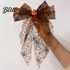 Bow Clip with Long Tails Halloween Spider Web Hair Clip Pumpkin Eyeball Tulle Tails Women Accessories for Holiday Party