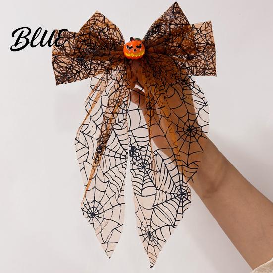 Bow Clip with Long Tails Halloween Spider Web Hair Clip Pumpkin Eyeball Tulle Tails Women Accessories for Holiday Party