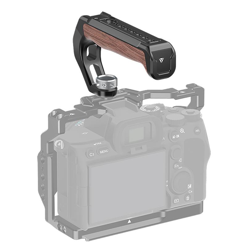 FEICHAO Aluminum Alloy Camera Cage Left/Right Side Wooden Hand Grip with Top Handle 1/4 Screw Hole Cold Shoe Mount for SLR DSLR