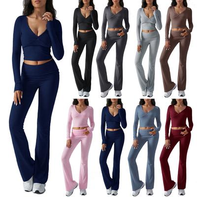 Γυναικεία Φθινοπωρινά Σετ Δύο Τεμαχίων Τοπ Μακρυμάνικα Μπλουζάκια Σετ Παντελονιών με Φαρδύ Πόδι