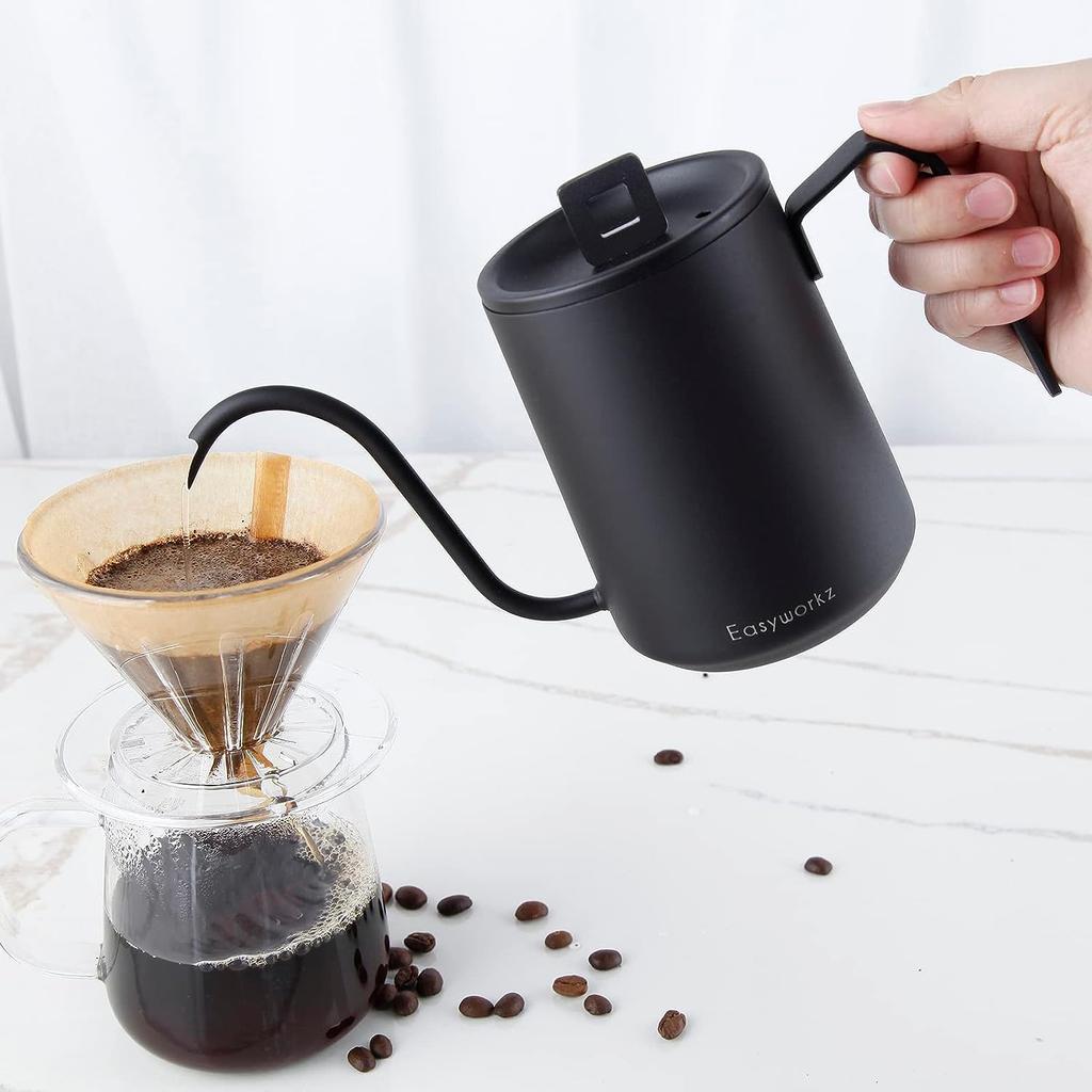 Easyworkz Gooseneck Kettle 600ml Stainless Steel Hand Drip Coffee Pot Elongated Spout [Matte Black]