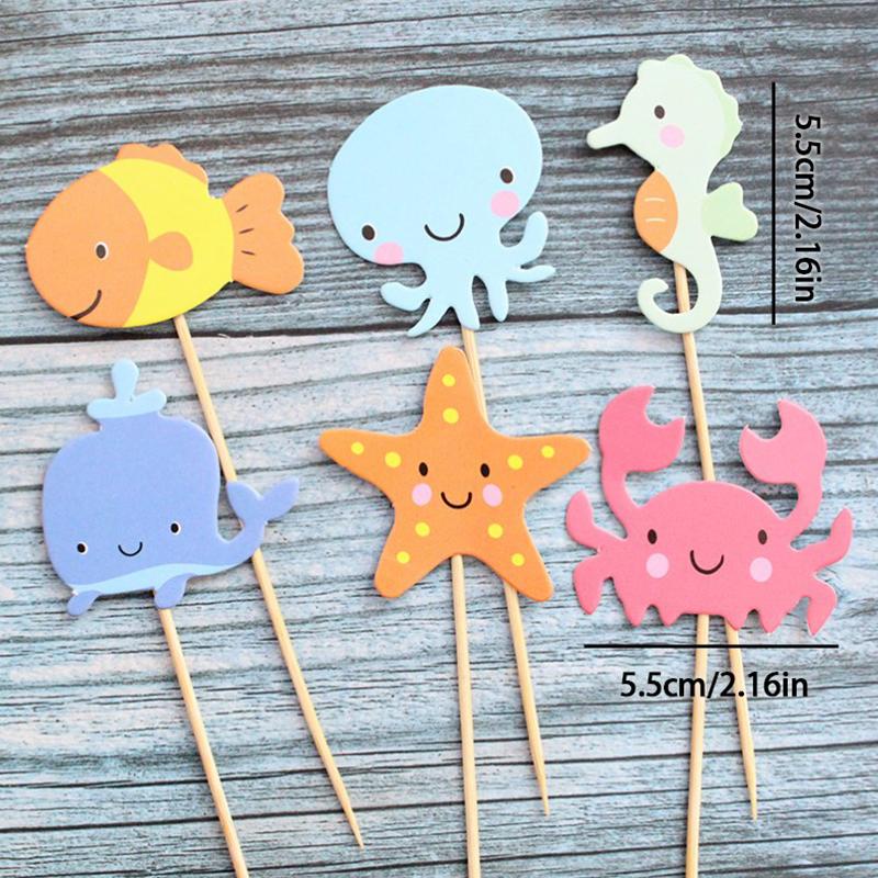 24Pcs Ocean Animal Cupcake Toppers Under The Sea Birthday Party Cake Decorations Baby Shower Girls Mermaid Themed Party Supplies