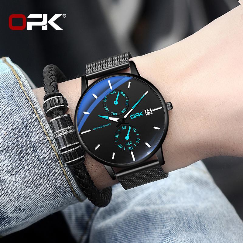 OPK 8116 Fashion Original Quartz Watch for Man Waterproof Luminous Steel Mesh Strap Date Week Man Wristwatch