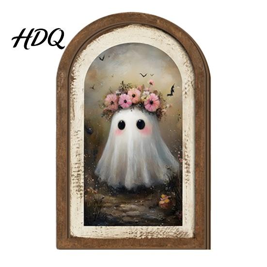 Solid Wood Ghost Ornament Arch Wooden Sign Cute Halloween Table Rustic Farmhouse Spooky Home Accents Shelf Decor Decorative Wall Art for Mantel