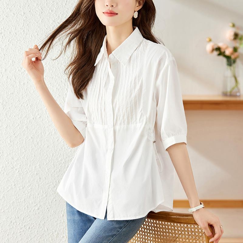 Short-sleeved Summer Pleated Top Loose and Thin Cotton Shirt