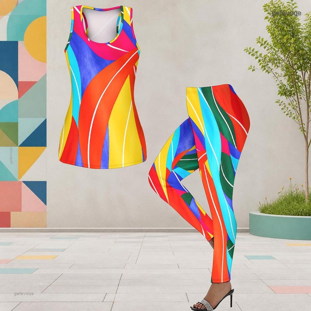 Women Plus Size Printed Two Piece Outfit Scoop Neck Sleeveless Tank Top And Fitted Pants
