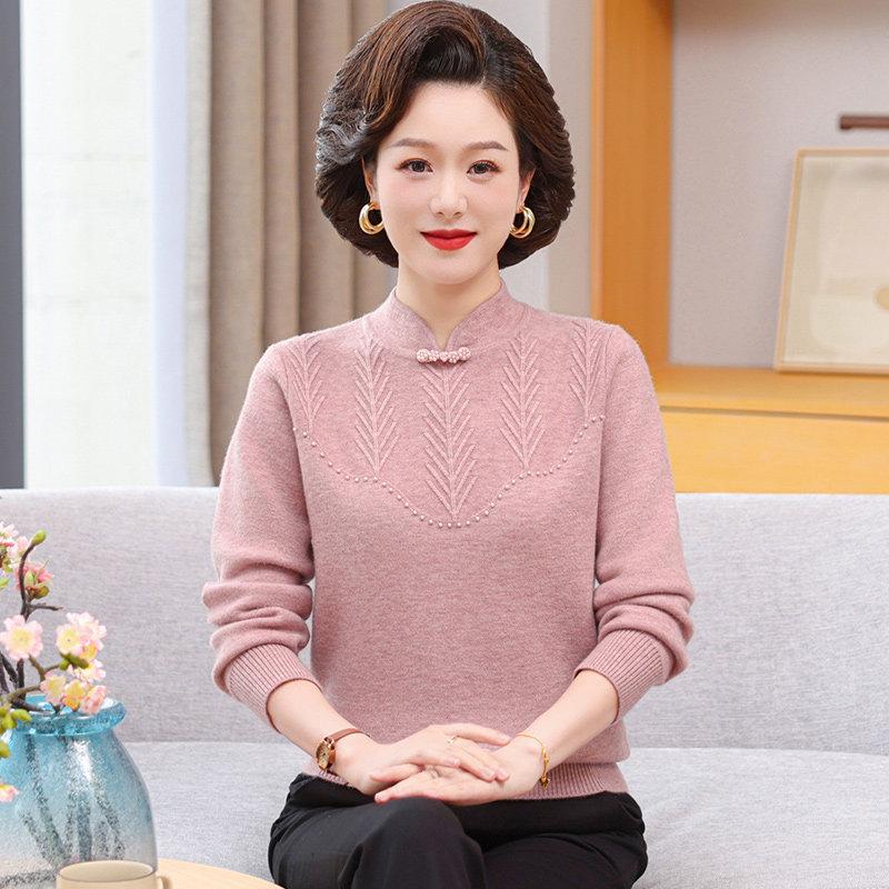 2025 Red Velvet Qipao Collar Sweater for Middle-Aged Women: Year of the Rat Autumn/Winter Collection