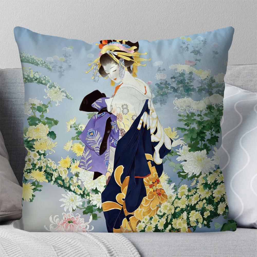 Klassieke Retro Japanse Geisha Vrouw Kussensloop Vierkante Kussen Slaapkamer Bank Vrije Tijd Comfort Auto Woonkamer Huisdecoratie 40X40
