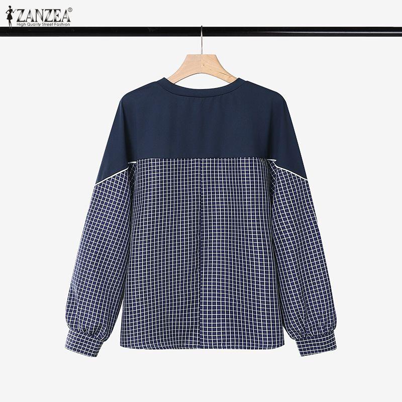 ZANZEA Women Long Sleeve Round Neck Plaid Splicing Casual Basic Pullover Tops Blouse
