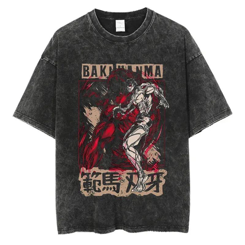 Anime Baki Haman T-shirts Harajuku Vintage Cotton Washed T Shirt for Men Hip Hop Streetwear Oversize T-shirt Tee
