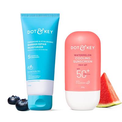 Dot & Key Керамиды и Гиалуроновая Кислота Восстановление Кожного Барьера + Крем для Лица - 100 г & Dot & Key Охлаждающий Солнцезащитный Крем с Арбузом Spf 50 Pa+++ - 50 г | Для Нормальной Кожи