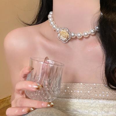 French Super Immortal Court Style Diamond Resin Flower Pearl Necklace Accessories Women's Sweater Chain Necklace